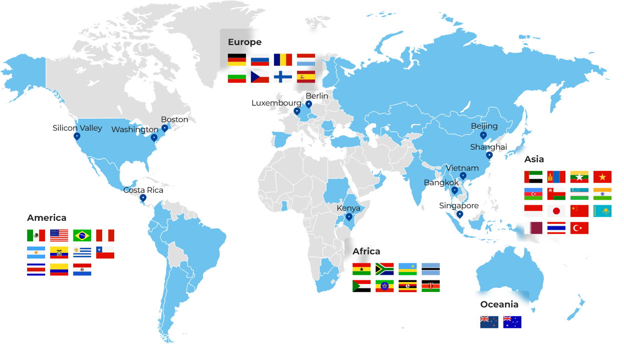 2021년 기준 KAIST GCC 글로벌 협력 네트워크 지도 이미지입니다. 해당하는 국가의 영역은 푸른색으로 표시되어 있으며, 지도 상에는 네트워크의 주요 거점인 실리콘벨리, 워싱턴, 보스턴, 코스타리카, 룩셈부르크, 베를린, 케냐, 북경, 상해, 베트남, 방콕, 싱가포르의 위치가 표시되어 있습니다.